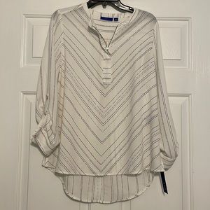 Tunic blouse, long sleeve - white with purple and black stripes.